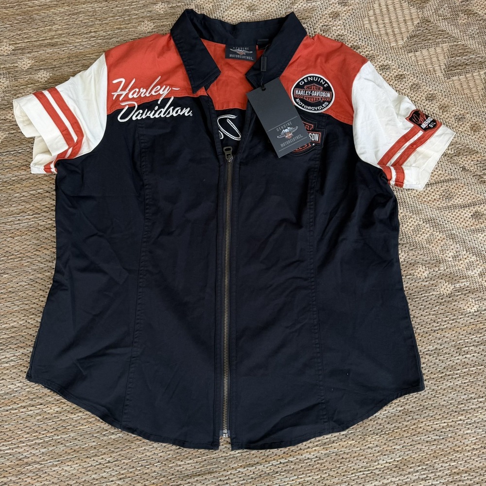 NWT! Harley Davidson Women's 2XL Logo Colorblock Zip Front V-Nack Shirt Biker